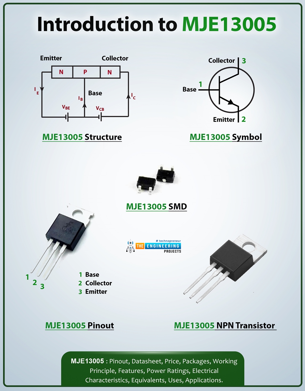MJE13005 NPN Transistor Datasheet, Pinout, Features & Applications