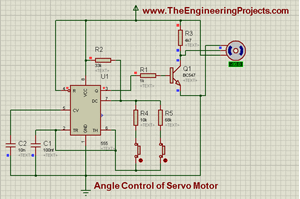 Angle control of servo motor, how to rotate servo motor, how servo motor works, angle control of servo motor using 555timer in proteus isis