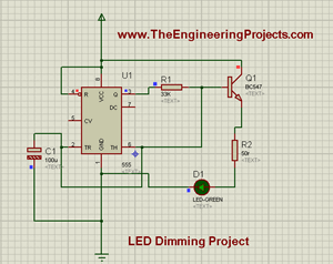 LED Dimming with 555timer, LED dimming in proteus, 555timer simulation in proteus,Proteus simulation of 555 timer