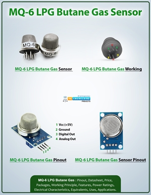 MQ-6, MQ-6 Sensor, MQ-6 LPG Butane Gas Sensor, MQ-6 Pinout, MQ-6 Working, MQ-6 Datasheet, MQ-6 Features, MQ-6 Applications