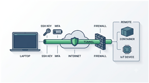 Diagram of a laptop linked through an encrypted tunnel to a remote development server with SSH, VPN, and firewall layers