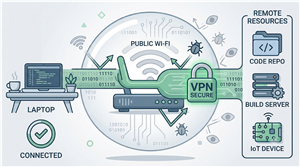 An engineer's laptop connecting over public Wi-Fi through a VPN tunnel to a code repository, build server, and IoT device