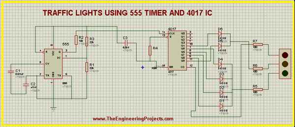 Traffic Light Circuit using 555 Timer in Proteus - The Engineering Projects