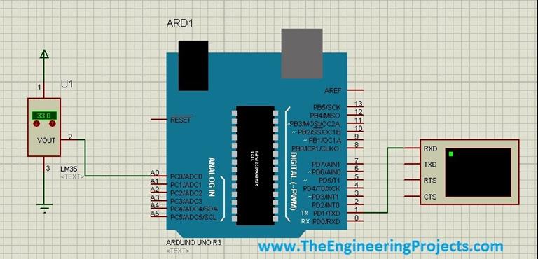 Interfacing of LM35 with Arduino in Proteus ISIS - The Engineering Projects