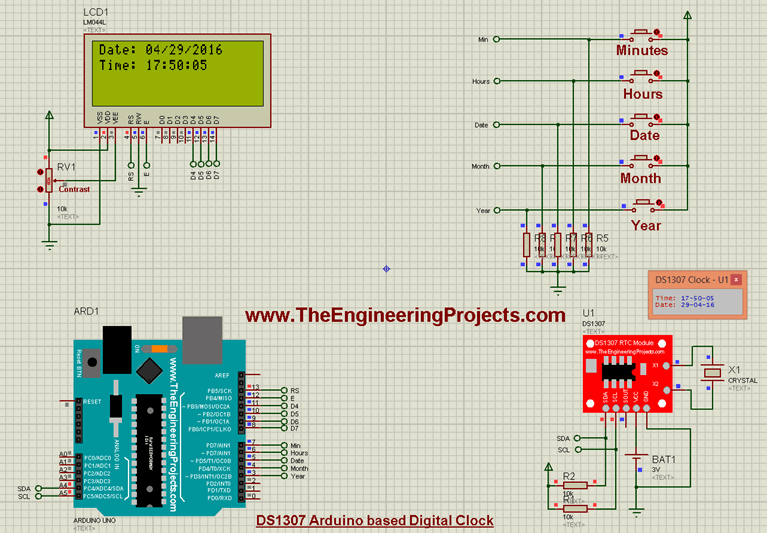 DS1307 Arduino based Digital Clock in Proteus - The Engineering Projects