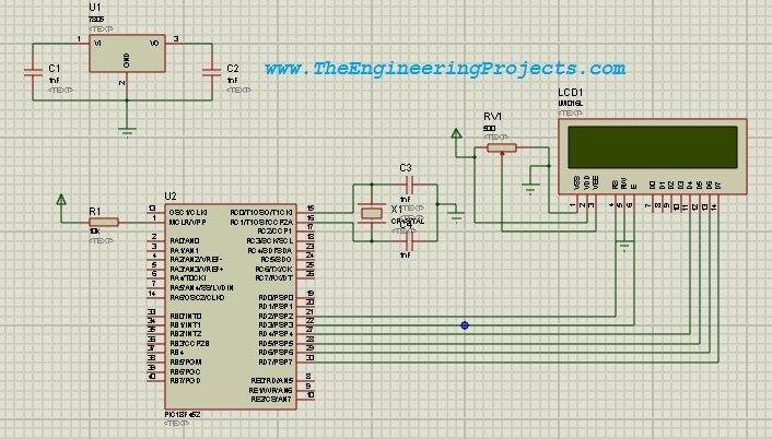 Circuit Designing of LCD with PIC on Proteus ISIS, LCD working code with PIC, LCD proteus circuit with PIC, LCD working in proteus