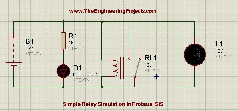 Relay Simulation in Proteus ISIS, how to use relay in proteus, proteus relay circuit,circuit diagram of proteus,relay as a switch in proteus