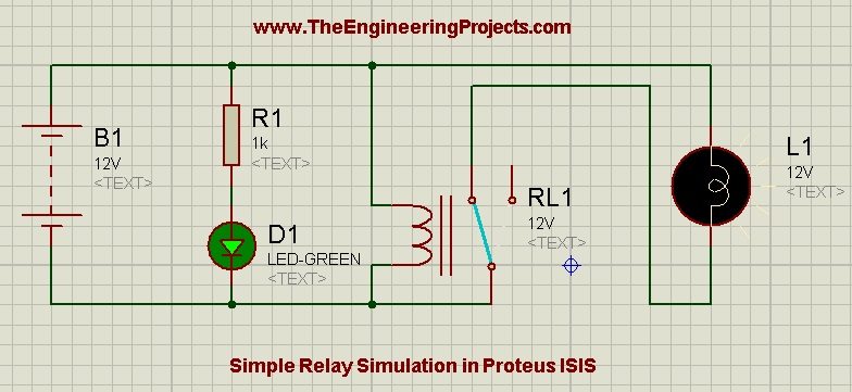 Relay Simulation in Proteus ISIS, how to use relay in proteus, proteus relay circuit,circuit diagram of proteus,relay as a switch in proteus