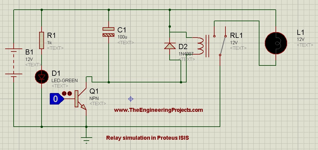 Relay Simulation in Proteus ISIS, how to use relay in proteus, proteus relay circuit,circuit diagram of proteus,relay as a switch in proteus