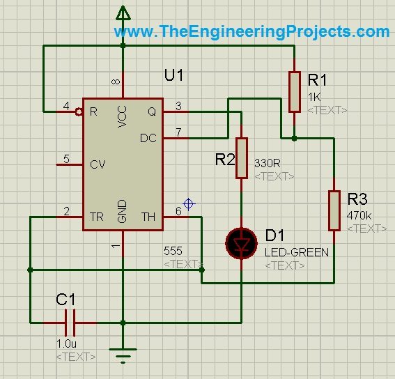 flash led with 555 timer, 555timer led flashing, 555timer in proteus, 555 timer simulation in proteus