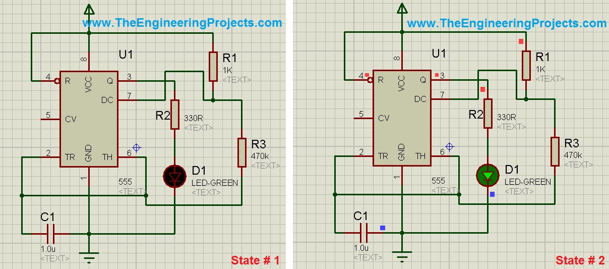 flash led with 555 timer, 555timer led flashing, 555timer in proteus, 555 timer simulation in proteus