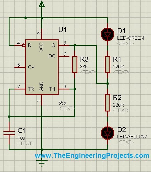 flash led with 555 timer, 555timer led flashing, 555timer in proteus, 555 timer simulation in proteus