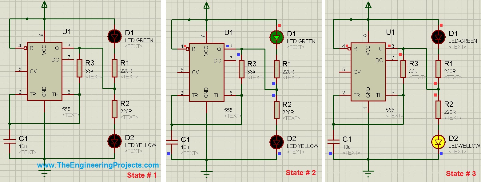 flash led with 555 timer, 555timer led flashing, 555timer in proteus, 555 timer simulation in proteus