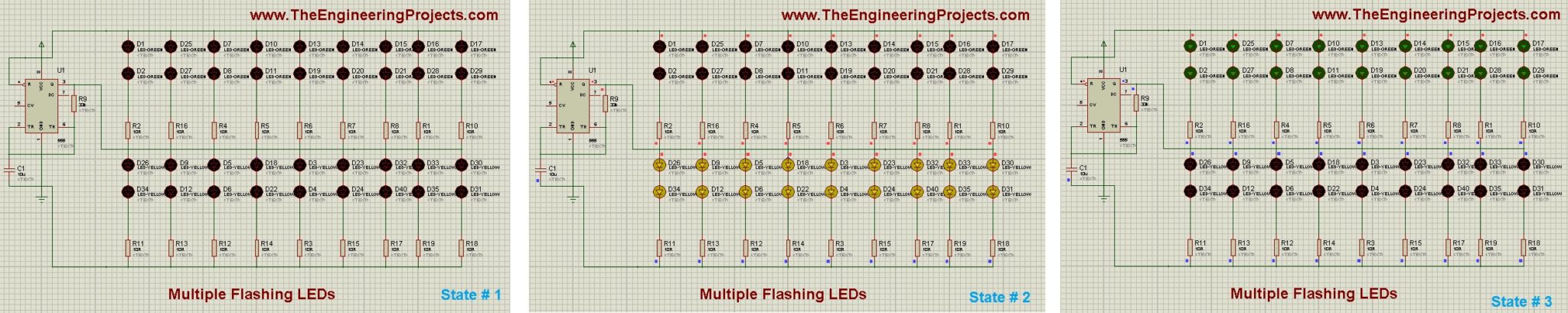 LED Flashing with 555timer, LED flashing in proteus, 555timer simulation in proteus,Proteus simulation of 555 timer