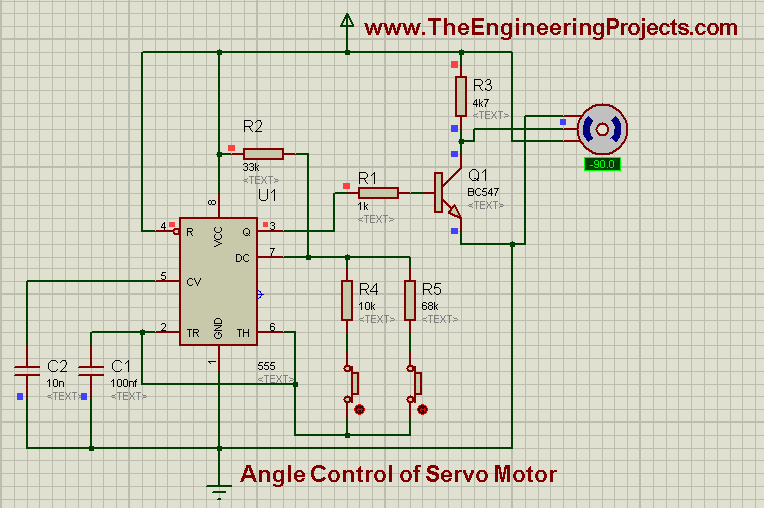 Angle control of servo motor, how to rotate servo motor, how servo motor works, angle control of servo motor using 555timer in proteus isis