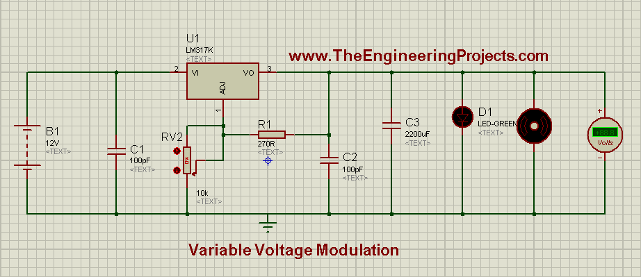 Variable Voltage Modulation using LM317 in Proteus ISIS,DC power supply, dc power supply using lm317, lm317 dc power suppply