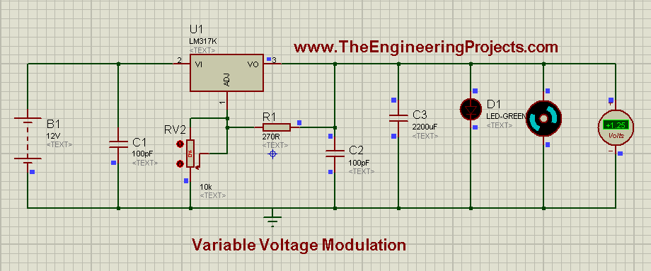 LM317 Voltage Regulator,Voltage modulation circuit, Variable voltage supply, Variable Voltage Modulation using LM317 in Proteus ISIS,DC power supply, dc power supply using lm317, lm317 dc power suppply,Variable voltage circuit using 555 timer in proteus isis, how to design variable voltage supply in proteus isis