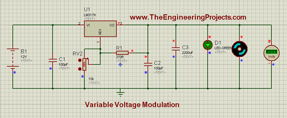 LM317 Voltage Regulator, Voltage modulation circuit, Variable voltage supply, Variable voltage circuit using 555 timer in proteus isis,Variable Voltage Modulation using LM317 in Proteus ISIS,DC power supply, dc power supply using lm317, lm317 dc power suppply, how to design variable voltage supply in proteus isis
