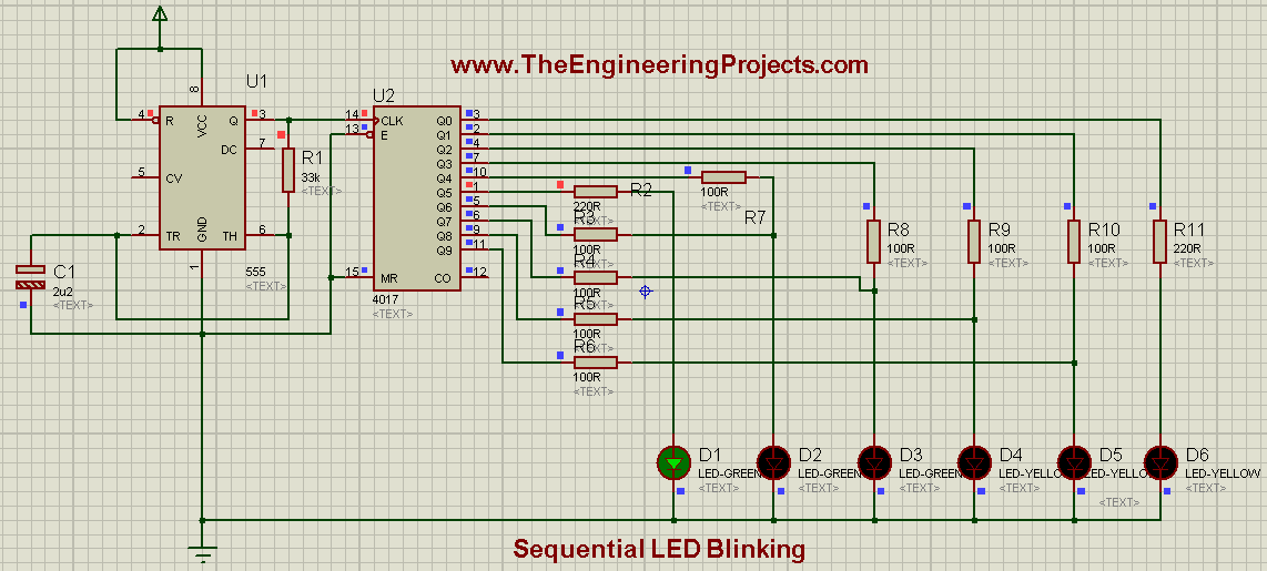 LED blinking projects, Sequence blinking of LEDs, Sequence blinking of LED using 555timer, Sequential blinking of LEDs using 555timer in proteus ISIS, LED projects in proteus isis