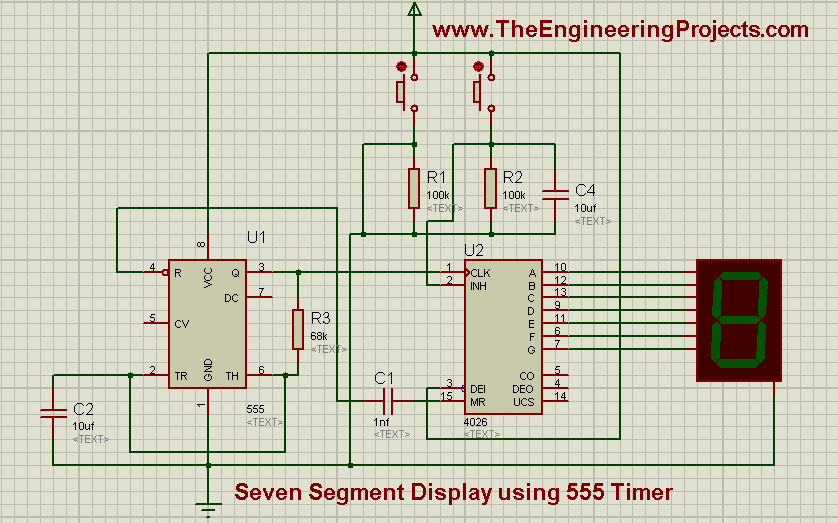 seven segment display using 555 timer, seven segment dispaly using 555 timer in proteus isis, seven segment display using 555timer, how seven segment display is designed in proteus