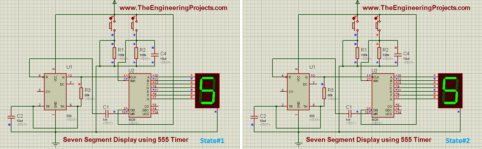 seven segment display using 555 timer, seven segment dispaly using 555 timer in proteus isis, seven segment display using 555timer, how seven segment display is designed in proteus