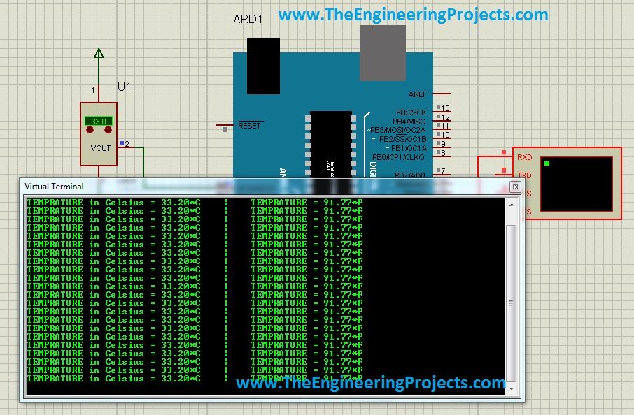 interface lm35 with arduino,lm35 arduino coding,how to connect lm35 and arduino,proteus lm35 example