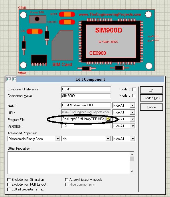 GSM Library for Proteus, GSM simulation proteus, gsm module proteus, sim900D in proteus, sim900D simulation in Proteus