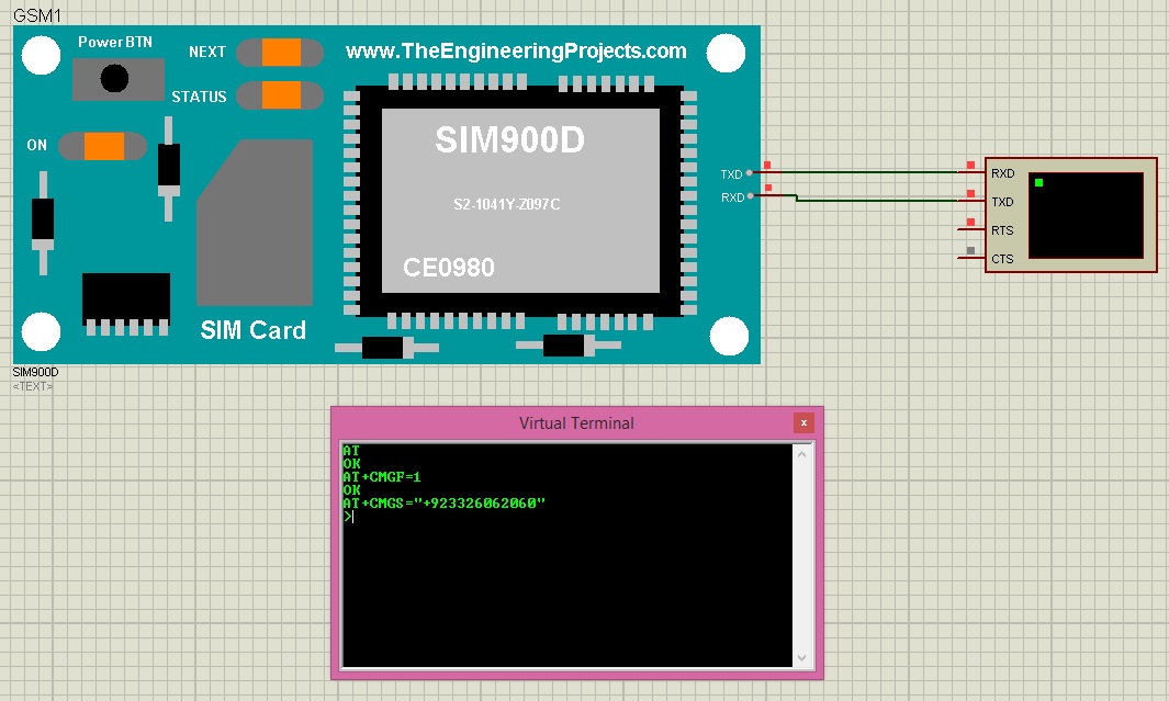 send sms with sim900d, send sms sim900d, sim900d simulation in proteus, proteus simulation of sim900d, sim900d library for proteus