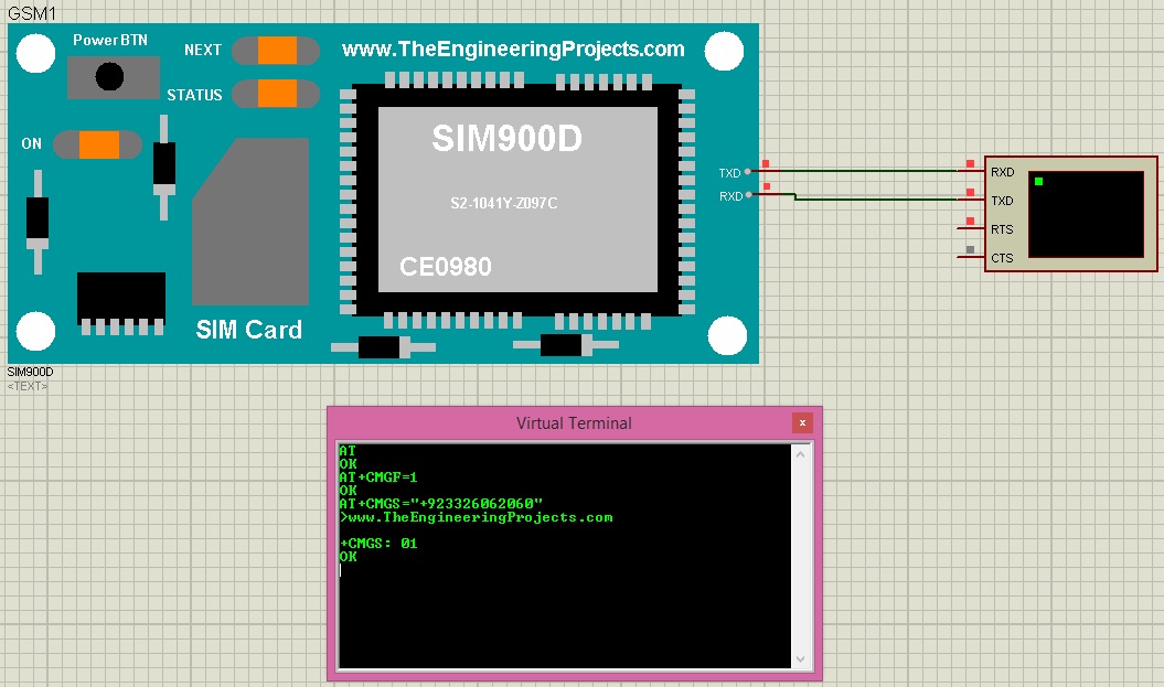 send sms with sim900d, send sms sim900d, sim900d simulation in proteus, proteus simulation of sim900d, sim900d library for proteus