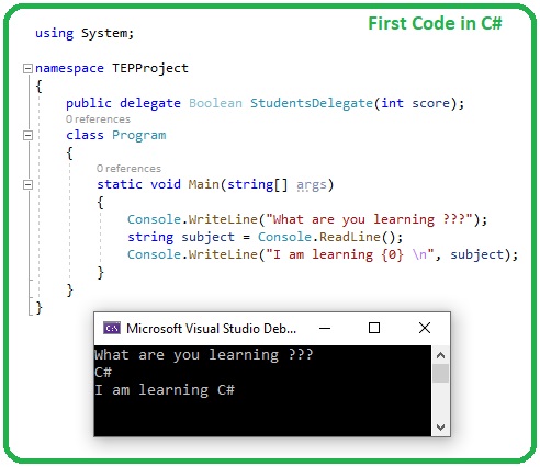 First Code in C# Tutorials, c# console, c# tutorials, console writeline, console readline