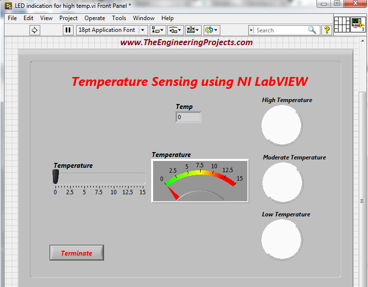 Temperature sensing using NI LabVIEW, Temperature level indication in LabVIEW, Temperature level detector in LabVIEW, Sensing different levels of temperature in LabVIEW, How to differentiate between different levels of temperature