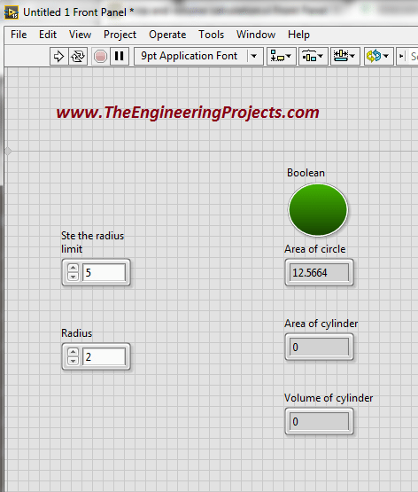 Area and volume calculation with the radius in LabVIEW, Calculate area of circle using LabVIEW, How to find area of cylinder in NI LabVIEW, LabVIEW to find area and volume of different shapes with the given radius, Find area and volume with the radius in NI LabVIEW