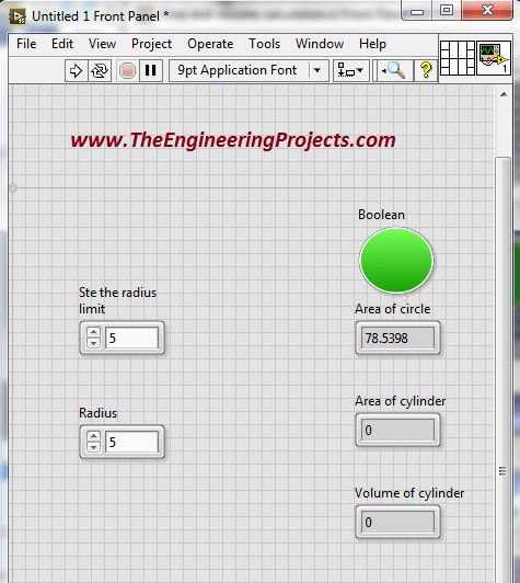 Area and volume calculation with the radius in LabVIEW, Calculate area of circle using LabVIEW, How to find area of cylinder in NI LabVIEW, LabVIEW to find area and volume of different shapes with the given radius, Find area and volume with the radius in NI LabVIEW