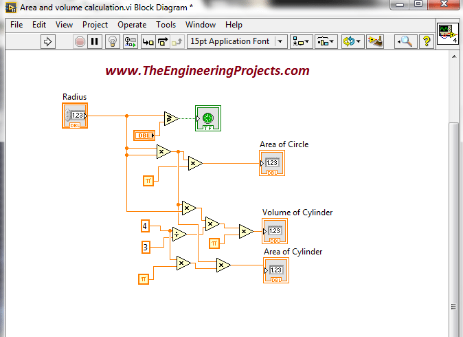 Area and volume calculation with the radius in LabVIEW, Calculate area of circle using LabVIEW, How to find area of cylinder in NI LabVIEW, LabVIEW to find area and volume of different shapes with the given radius, Find area and volume with the radius in NI LabVIEW