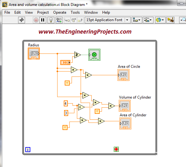 Area and volume calculation with the radius in LabVIEW, Calculate area of circle using LabVIEW, How to find area of cylinder in NI LabVIEW, LabVIEW to find area and volume of different shapes with the given radius, Find area and volume with the radius in NI LabVIEW