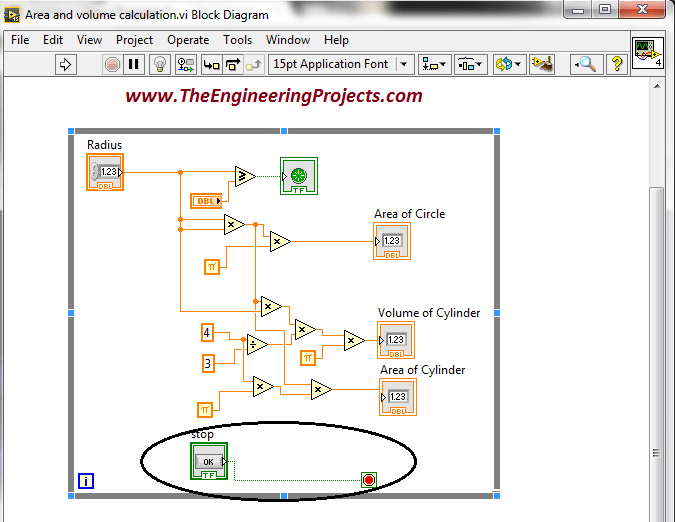 Area and volume calculation with the radius in LabVIEW, Calculate area of circle using LabVIEW, How to find area of cylinder in NI LabVIEW, LabVIEW to find area and volume of different shapes with the given radius, Find area and volume with the radius in NI LabVIEW