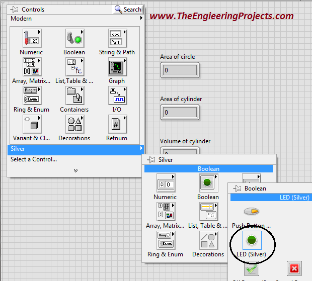 Area and volume calculation with the radius in LabVIEW, Calculate area of circle using LabVIEW, How to find area of cylinder in NI LabVIEW, LabVIEW to find area and volume of different shapes with the given radius, Find area and volume with the radius in NI LabVIEW