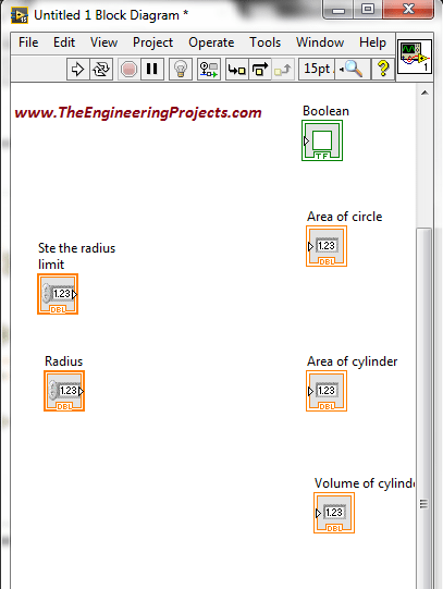 Area and volume calculation with the radius in LabVIEW, Calculate area of circle using LabVIEW, How to find area of cylinder in NI LabVIEW, LabVIEW to find area and volume of different shapes with the given radius, Find area and volume with the radius in NI LabVIEW