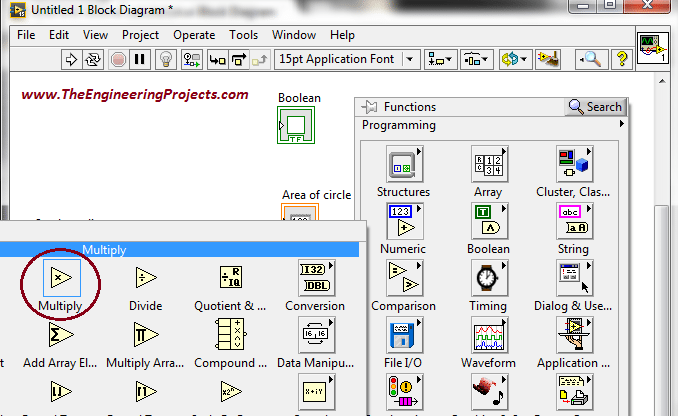 Area and volume calculation with the radius in LabVIEW, Calculate area of circle using LabVIEW, How to find area of cylinder in NI LabVIEW, LabVIEW to find area and volume of different shapes with the given radius, Find area and volume with the radius in NI LabVIEW