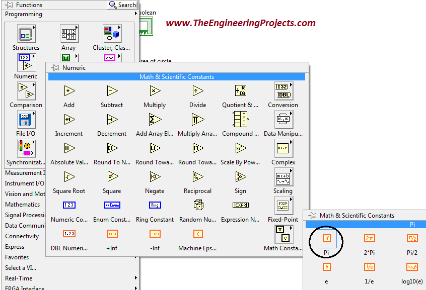 Area and volume calculation with the radius in LabVIEW, Calculate area of circle using LabVIEW, How to find area of cylinder in NI LabVIEW, LabVIEW to find area and volume of different shapes with the given radius, Find area and volume with the radius in NI LabVIEW