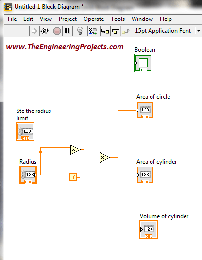 Area and volume calculation with the radius in LabVIEW, Calculate area of circle using LabVIEW, How to find area of cylinder in NI LabVIEW, LabVIEW to find area and volume of different shapes with the given radius, Find area and volume with the radius in NI LabVIEW