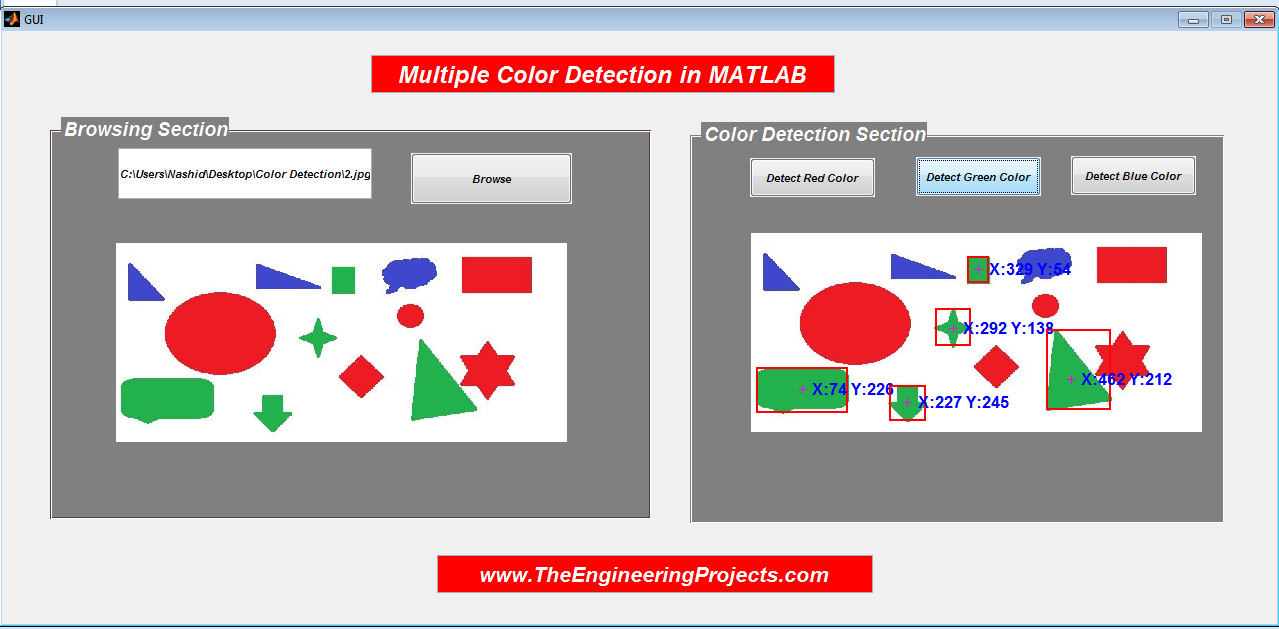 Multi Color Detection in MATLAB, how to detection multi color in MATLAB, MATLAB multi color detection, detect multi Color in MATLAB, MATLAB GUI to detect multi colors in MATLAB, Detection of multi colors using GUI in MATLAB