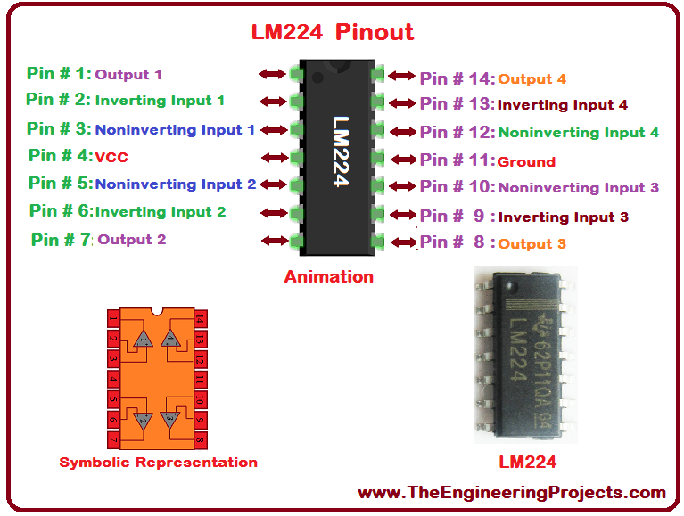 LM224 Pinout, LM224 basics, basics of LM224, getting started with LM224, how to get start LM224, LM224 proteus, Proteus LM224, LM224 Proteus simulation