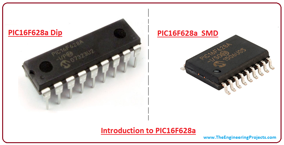 Introduction to pic16f628a, pic16f628a features, pic16f628a pinout, pic16f628a basic circuit, applications