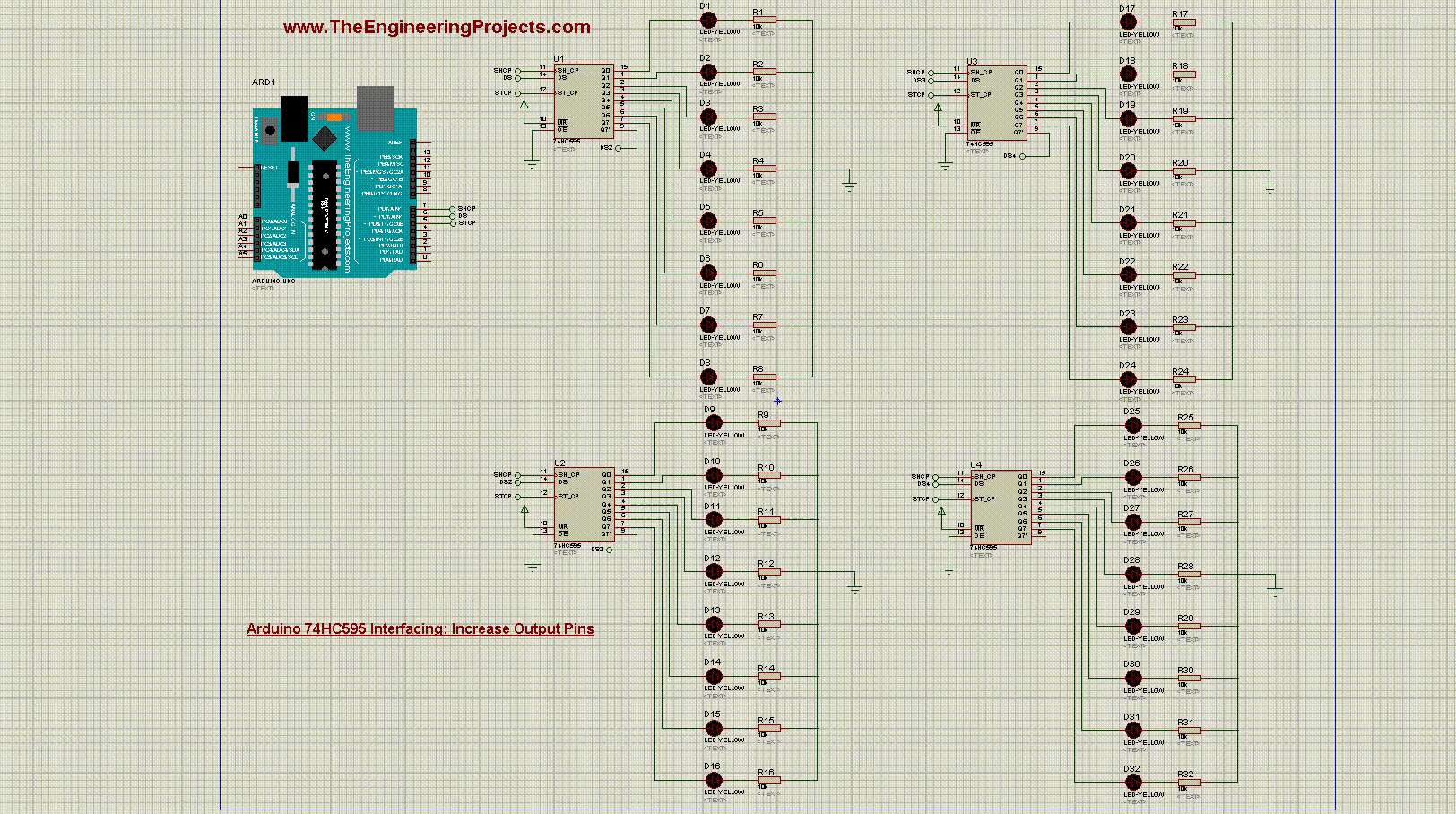 Arduino 74HC595,Arduino 74HC595 interfacing, increase arduino output pins, arduino output increase, 74hc595 arduino