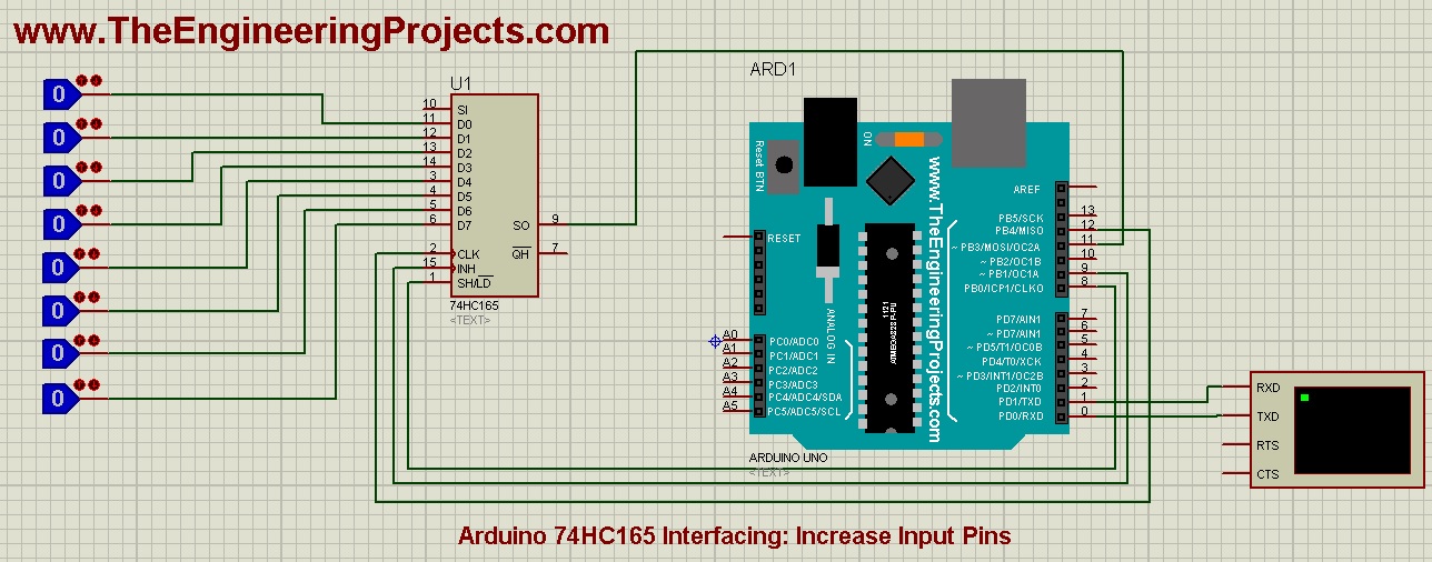 Arduino 74HC165, Arduino 74HC165 interfacing, 74hc165 arduino, increase input pins arduino, arduino input pins
