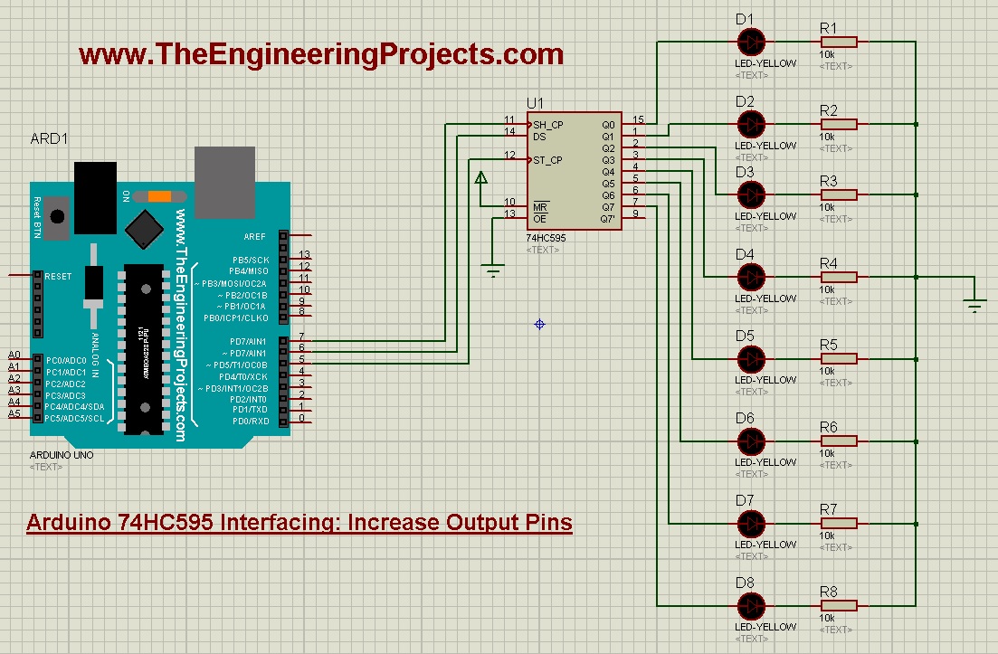 Arduino 74HC595,Arduino 74HC595 interfacing, increase arduino output pins, arduino output increase, 74hc595 arduino