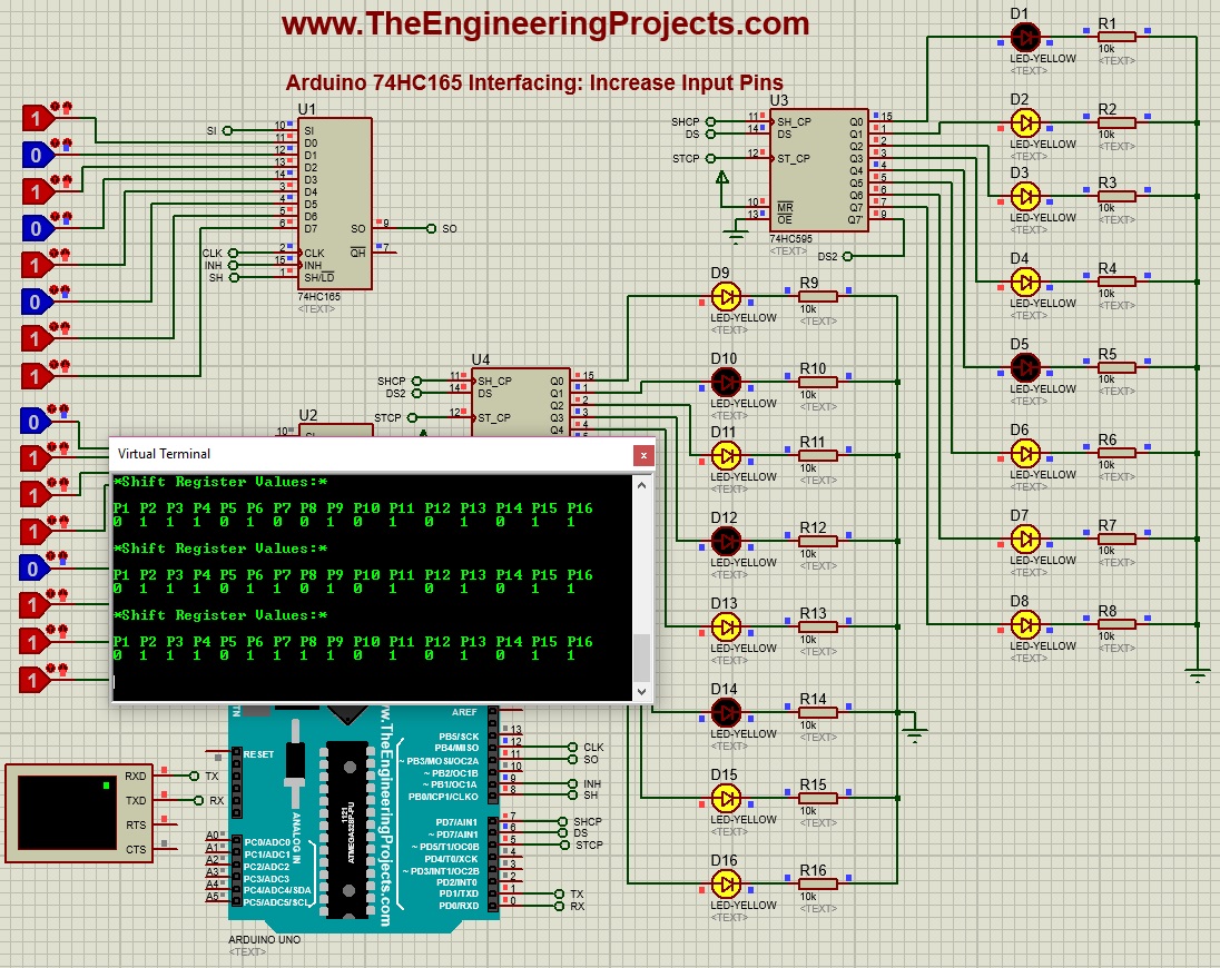 Interfacing of Arduino with 74HC595 & 74HC165, increase input output pins of arduino, input output arduino, arduino 74hc595 74hc165
