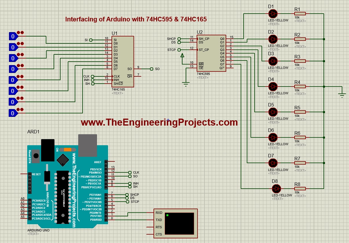 Interfacing of Arduino with 74HC595 & 74HC165, increase input output pins of arduino, input output arduino, arduino 74hc595 74hc165