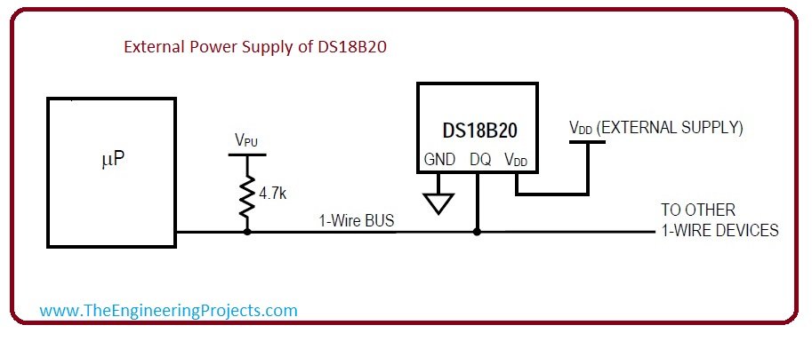 External power supply of ds18b20, power supply of ds18b20. pinout of ds18b20